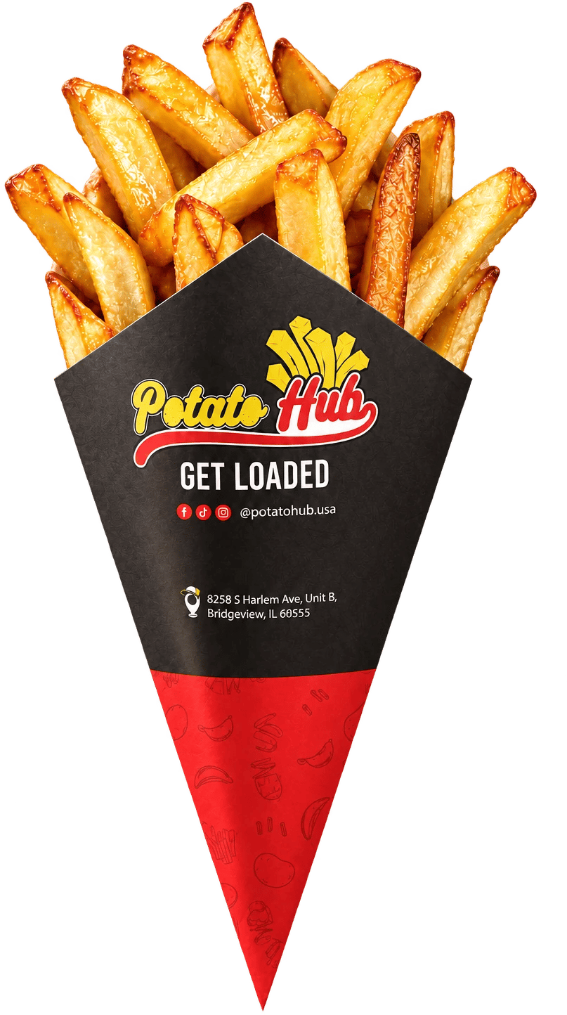 Hand-cut fries in a black and red Potato Hub paper cone